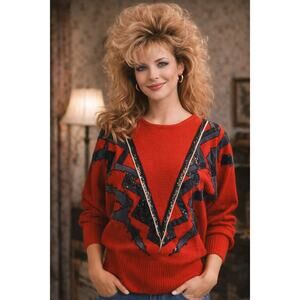 Diani Pullover Red Sweater Sequined Detail Crew Neck Grandmacore Long Sleeve S